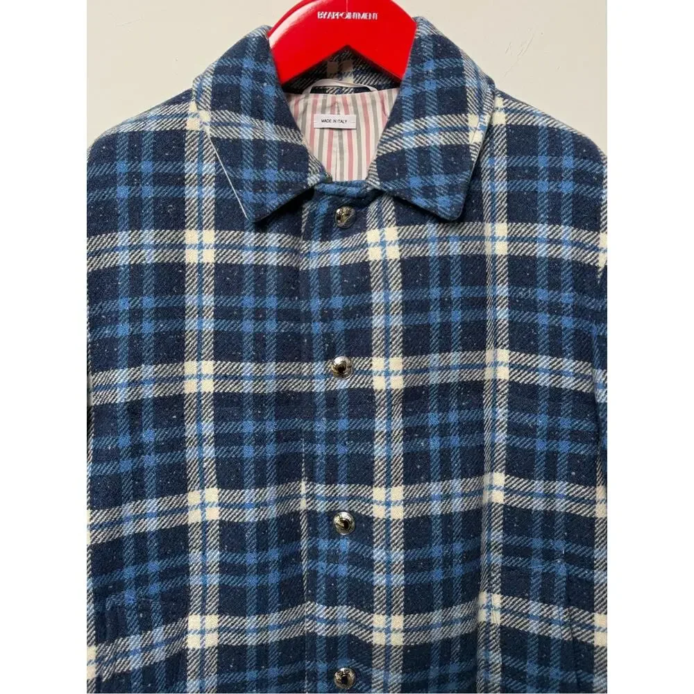 Thom Browne Size 1 Blue Plaid Wool Down Filled Overcoat Made in Italy